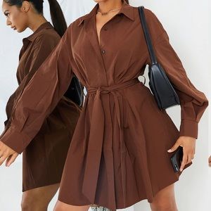 Chocolate Pleated Detail Button Down Shirt Dress